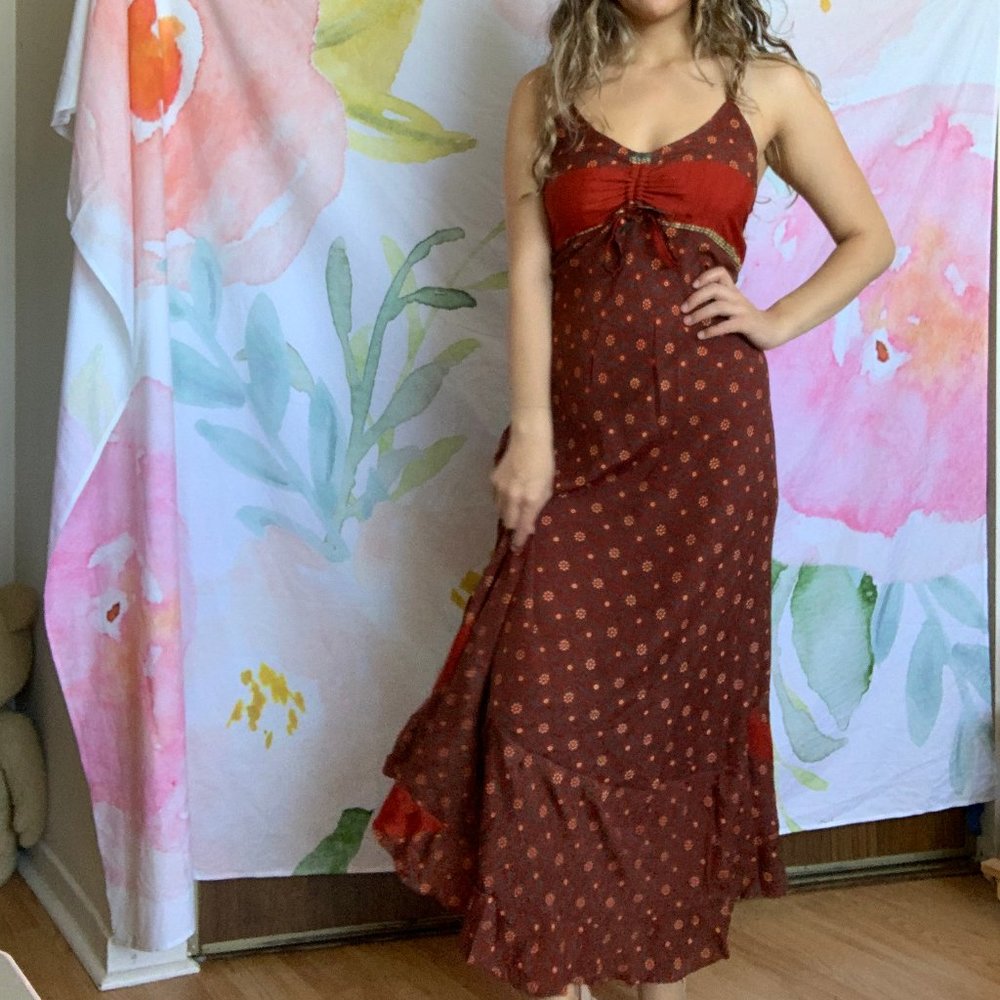 Boho Autumn Maxi Dress with Front Tie Detail
